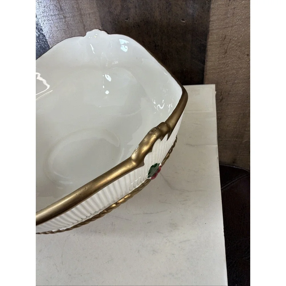 VTG 1989 Fitz Floyd Old Tyme Holiday Ceramic Bowl Ribbed Red‎ Gold Flawed w/ Box